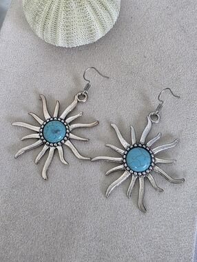 Boho Southwestern Silver Sunburst Dangle Earrings with Turquoise Style Stone